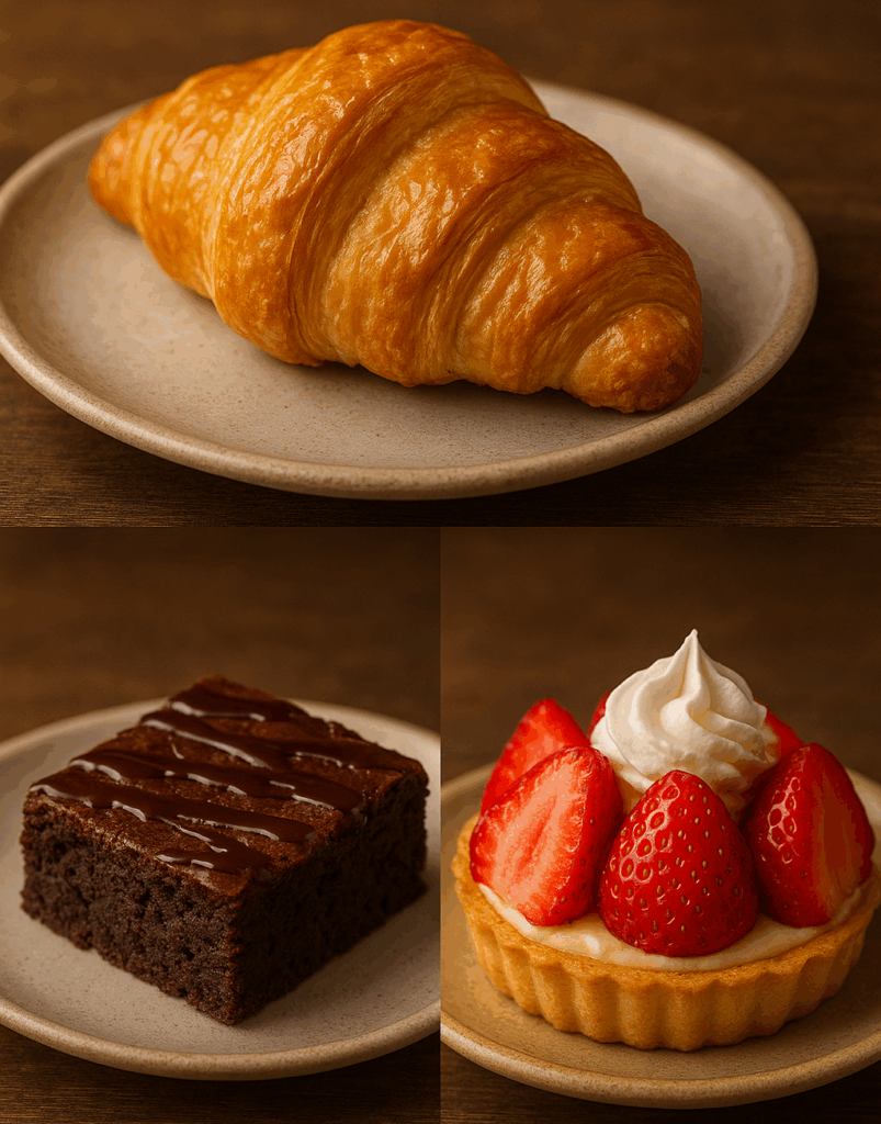 A trio of freshly baked goodies from The Bun Affair includes the buttery croissant, rich chocolate brownie, and creamy strawberry tart, all handcrafted at bakery in Nagpur for the highest level of freshness and flavor available.